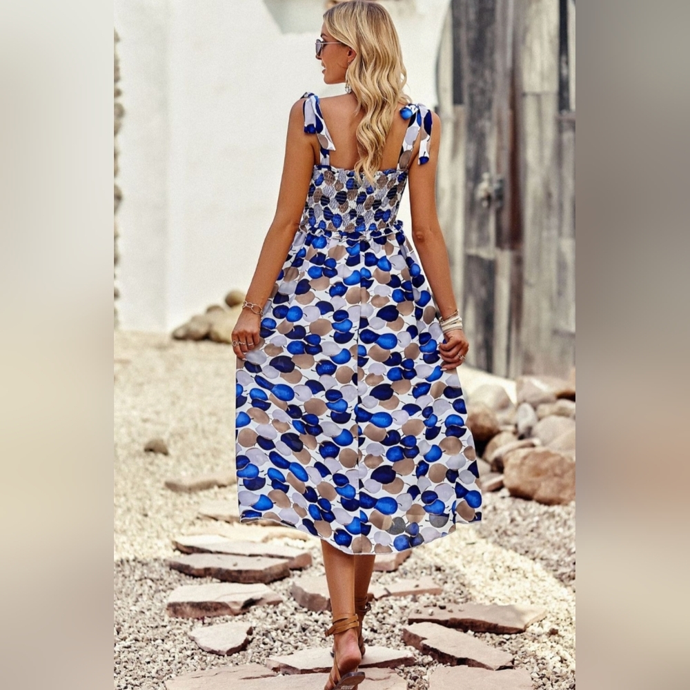 Vibrant Blue Circle Abstract Leaf Sleeveless Smocked Bodice Summer Midi Dress - Picture 9 of 10